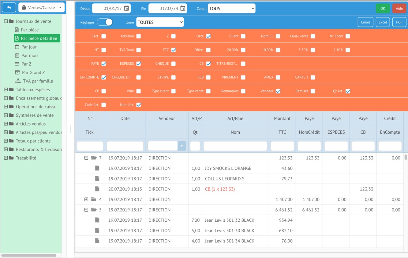 Tableau détaillé par ticket, réglages