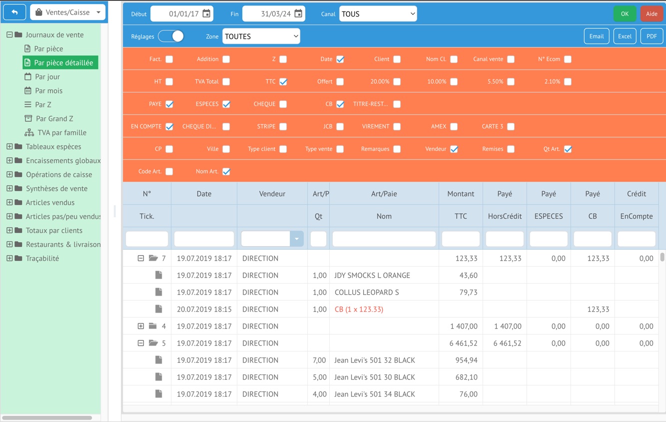 Tableau détaillé par ticket, réglages